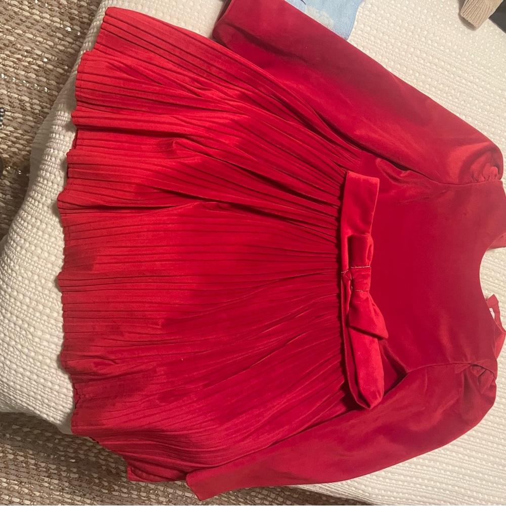 Mayoral Red Pleated Fit and Flare Dress with Long Bishop Sleeves for Cocktail